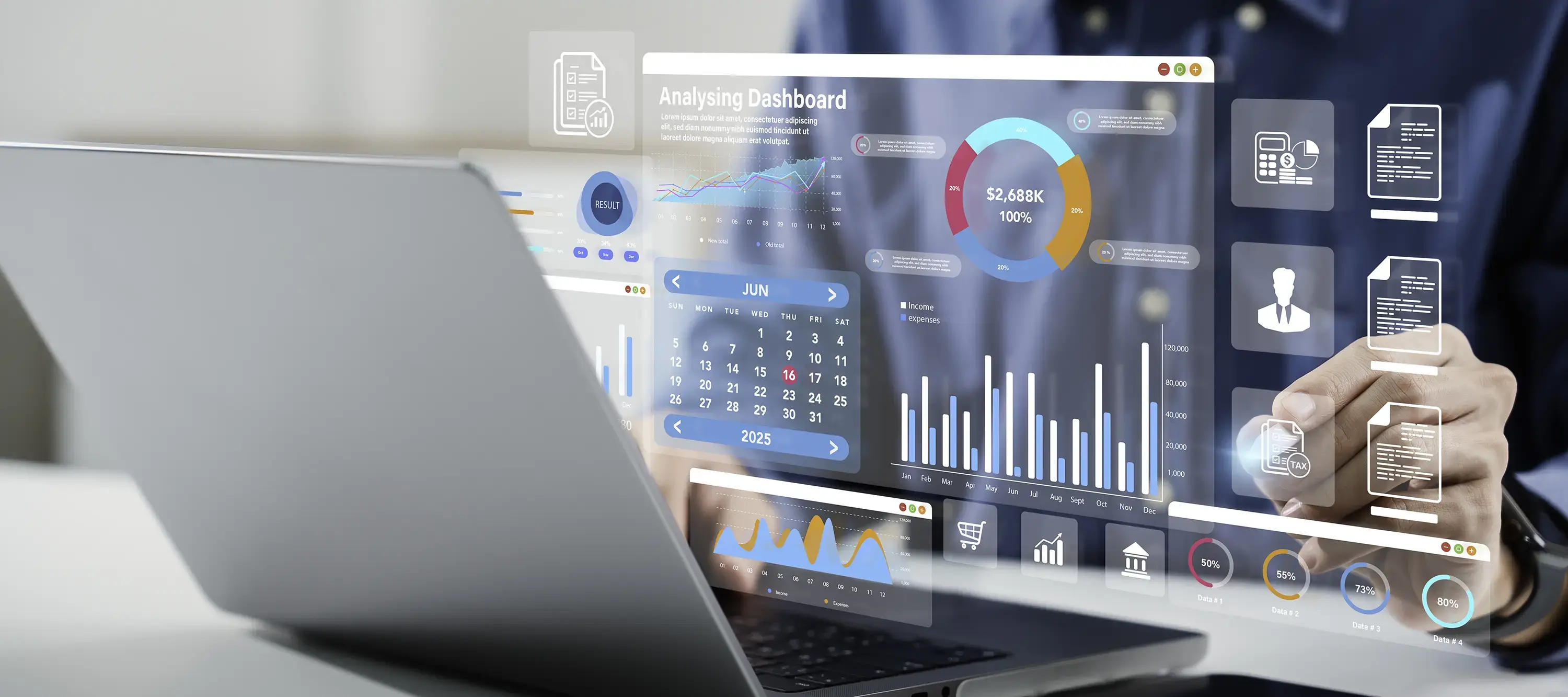 A person interacting with a futuristic transparent screen displaying financial charts, graphs, and a calendar.